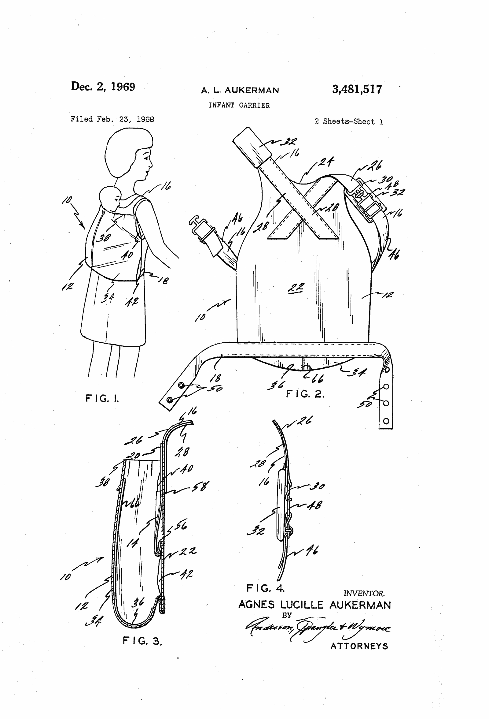 Original patent drawing for "Infant carrier", U.S. Patent 3,481,517 (1969)