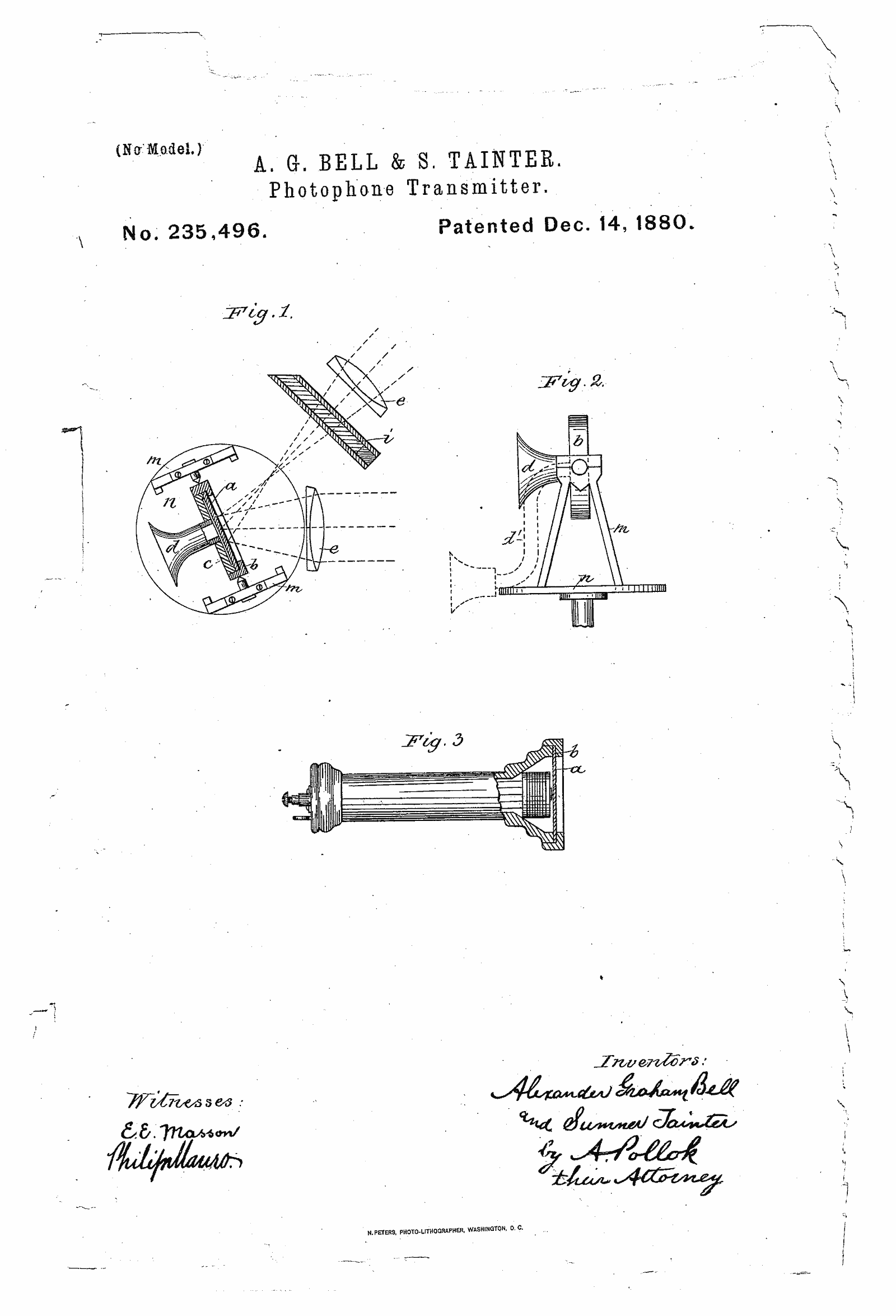 Original patent drawing for "Photo phone-transmitter", U.S. Patent 235,496 (1880)