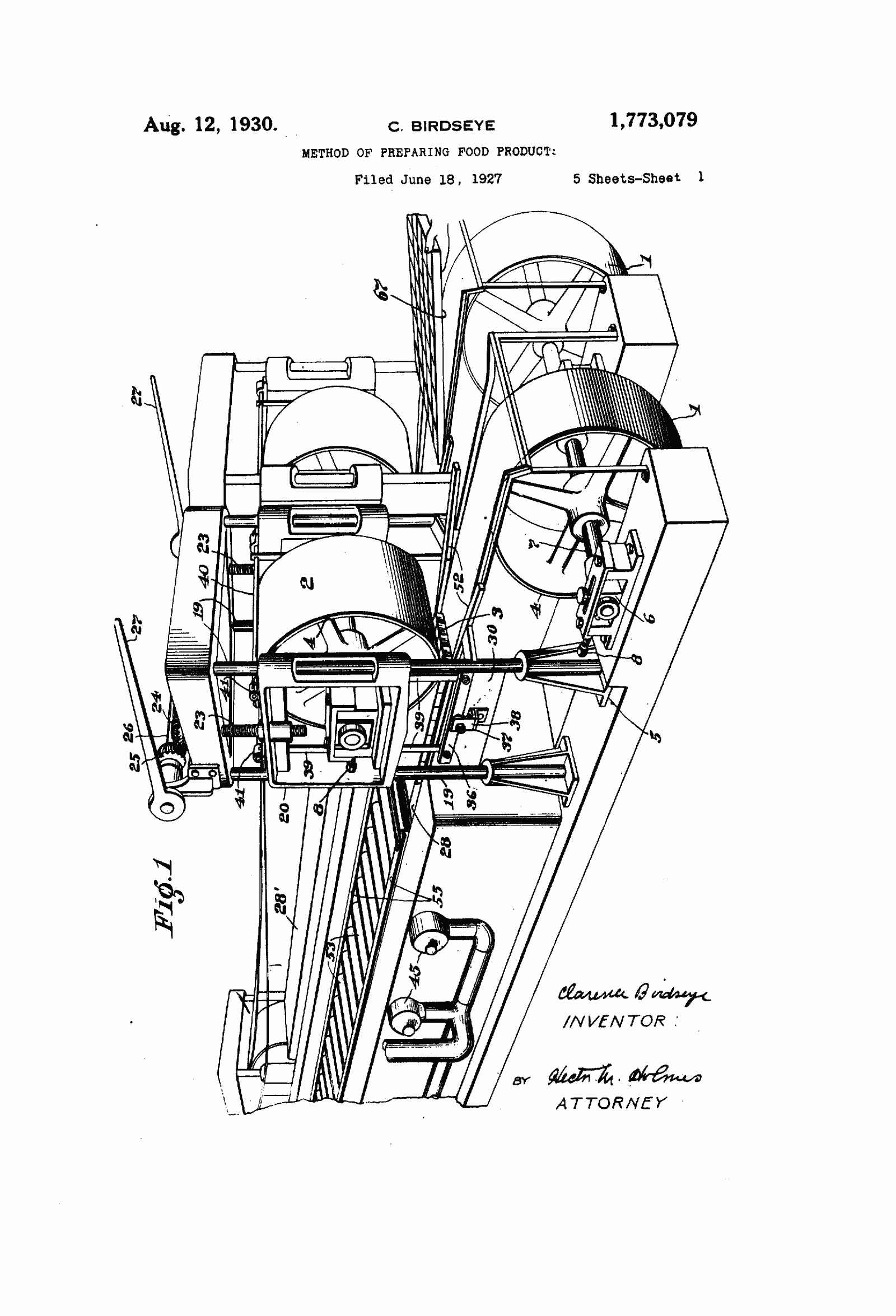 Original patent drawing for "Method of preparing food products", U.S. Patent 1,773,079 (1930)