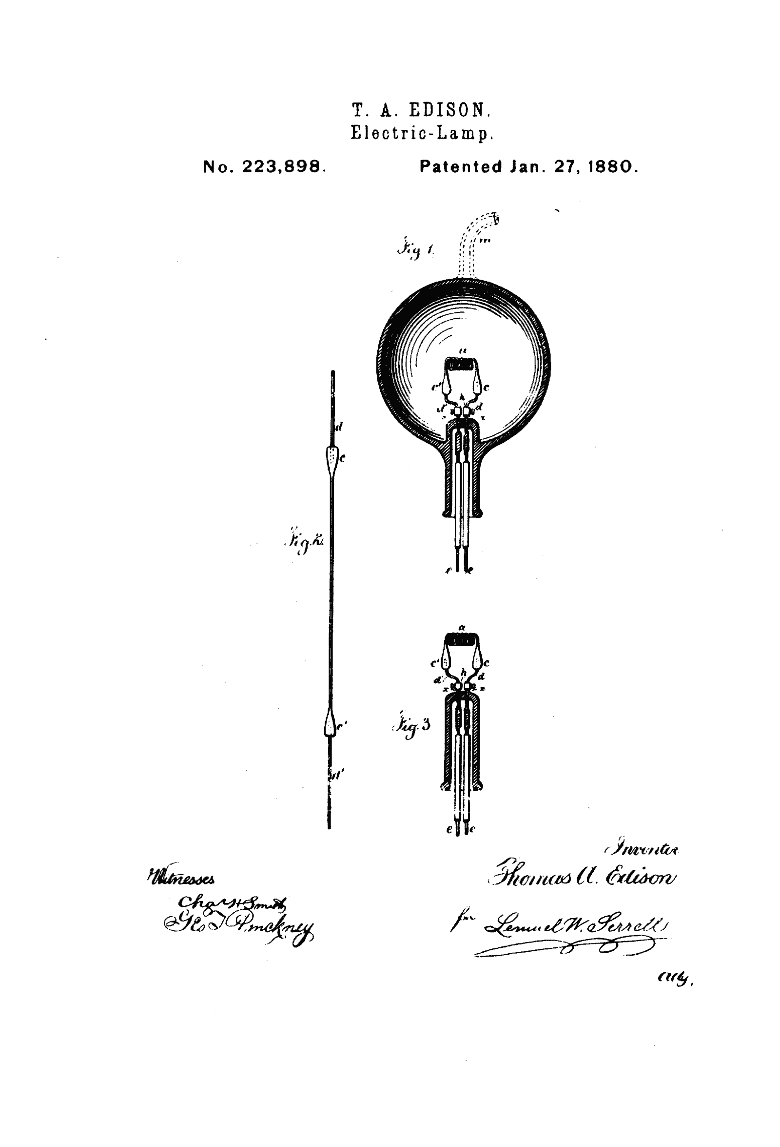 Original patent drawing for "Electric lamp", U.S. Patent 223,898 (1880)