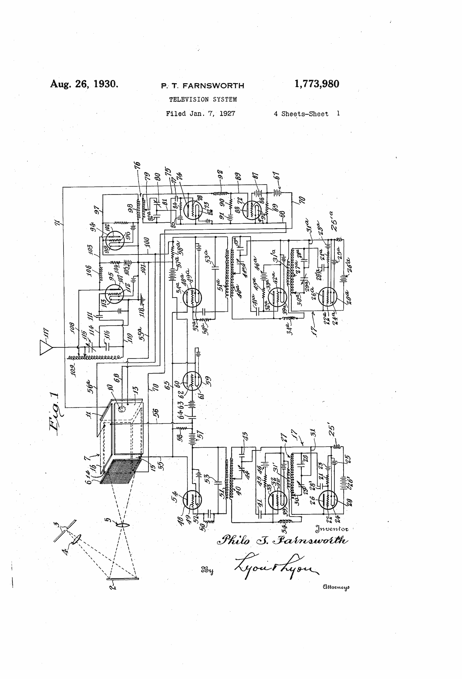 Original patent drawing for "Television system", U.S. Patent 1,773,980 (1930)