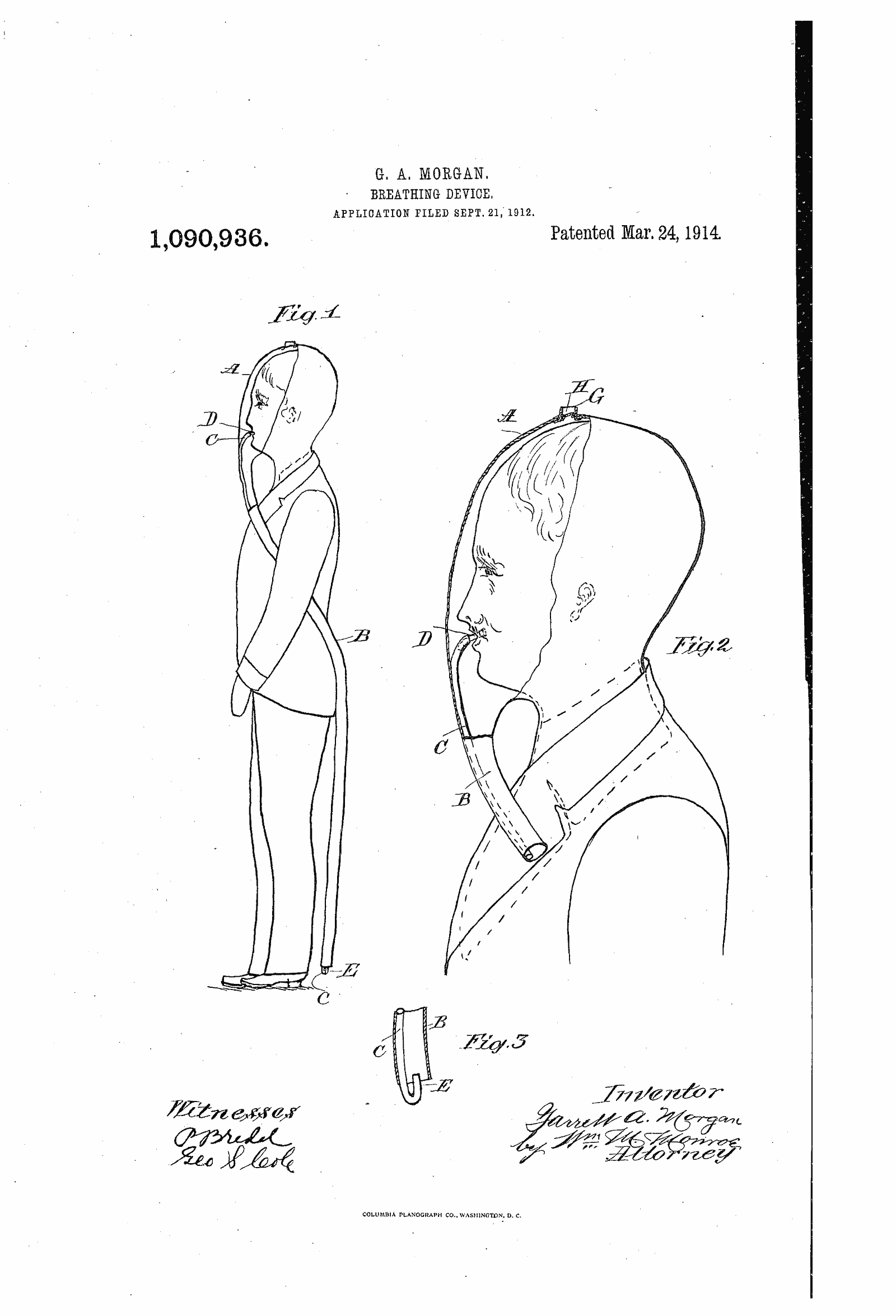 Original patent drawing for "Breathing device", U.S. Patent 1,090,936 (1914)