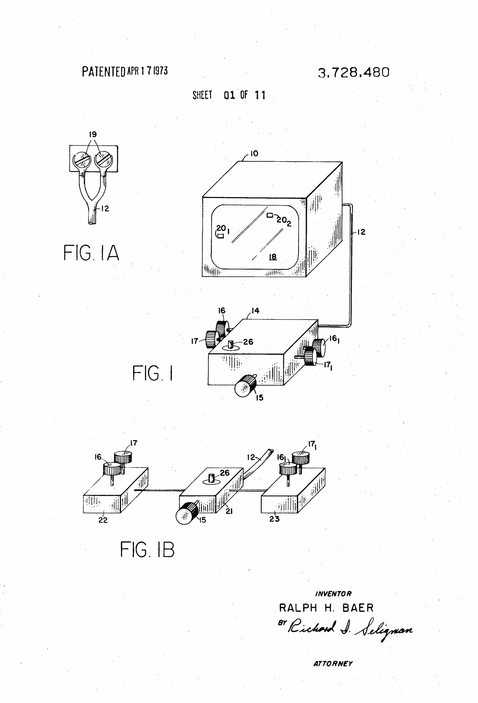 Original patent drawing for "Television gaming and training apparatus", U.S. Patent 3,728,480 (1973)