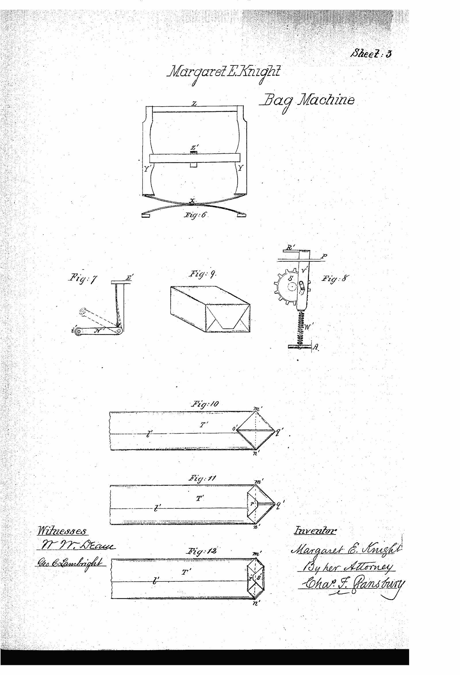 Original patent drawing for "Improvement in paper-bag machines", U.S. Patent 116,842 (1871)