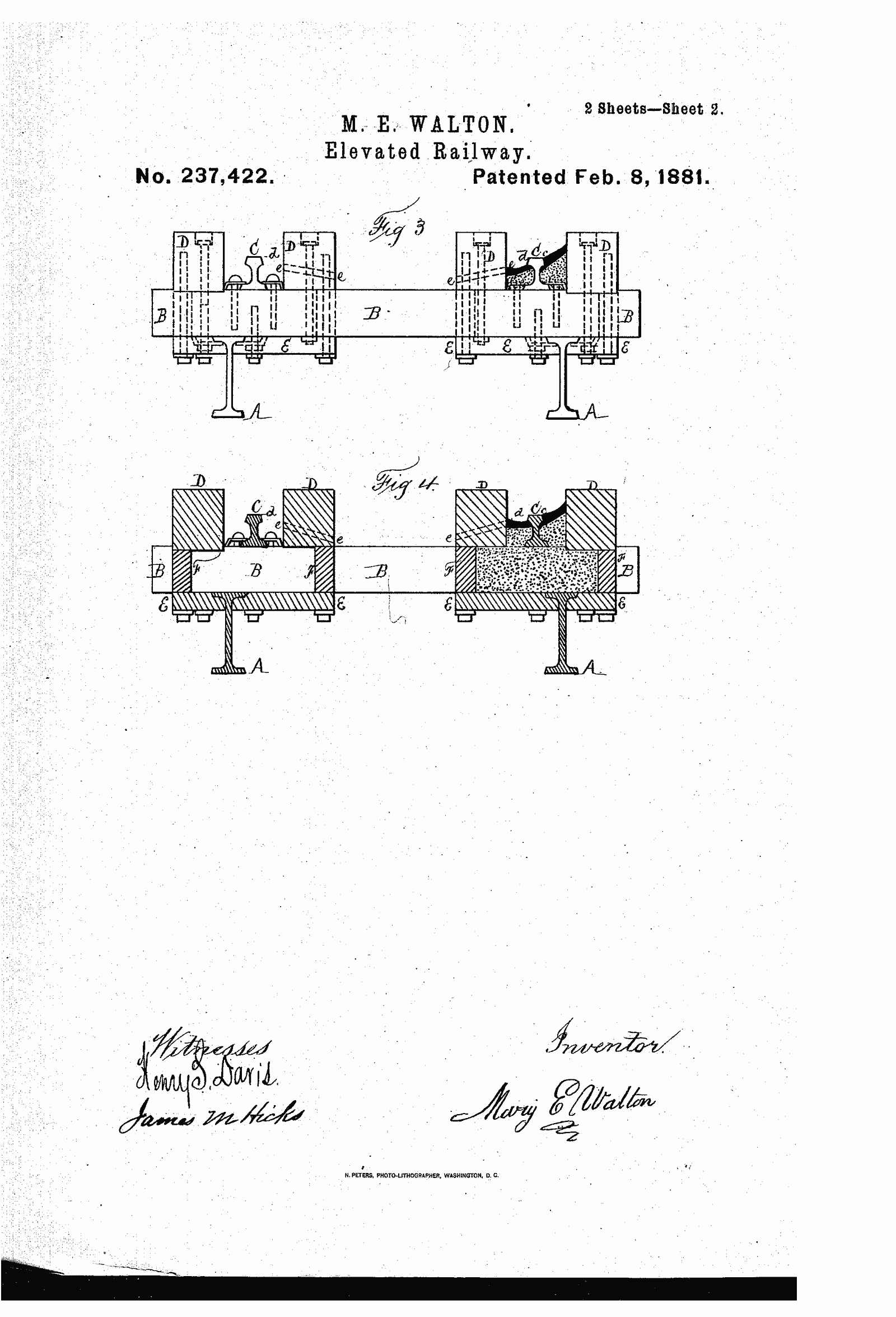 Original patent drawing for "Elevated Railway Tracks", U.S. Patent 237,422 (1881)