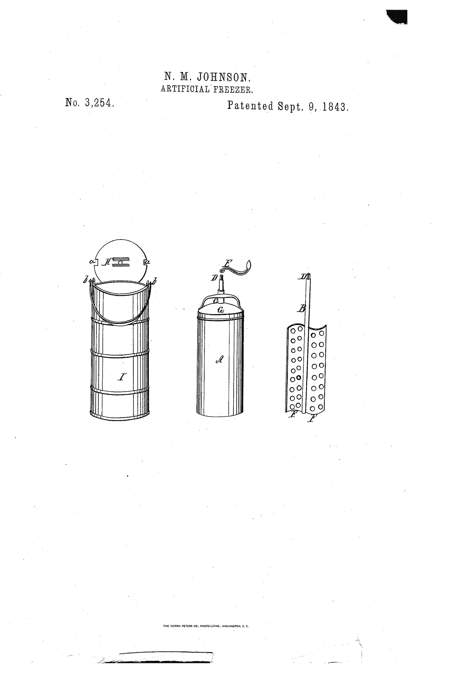 Original patent drawing for "Artificial freezer", U.S. Patent 3,254 (1843)