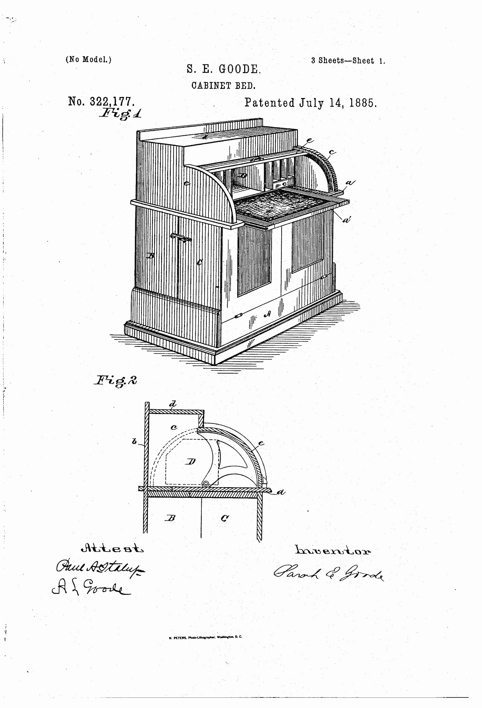 Original patent drawing for "Cabinet-bed", U.S. Patent 322,177 (1885)