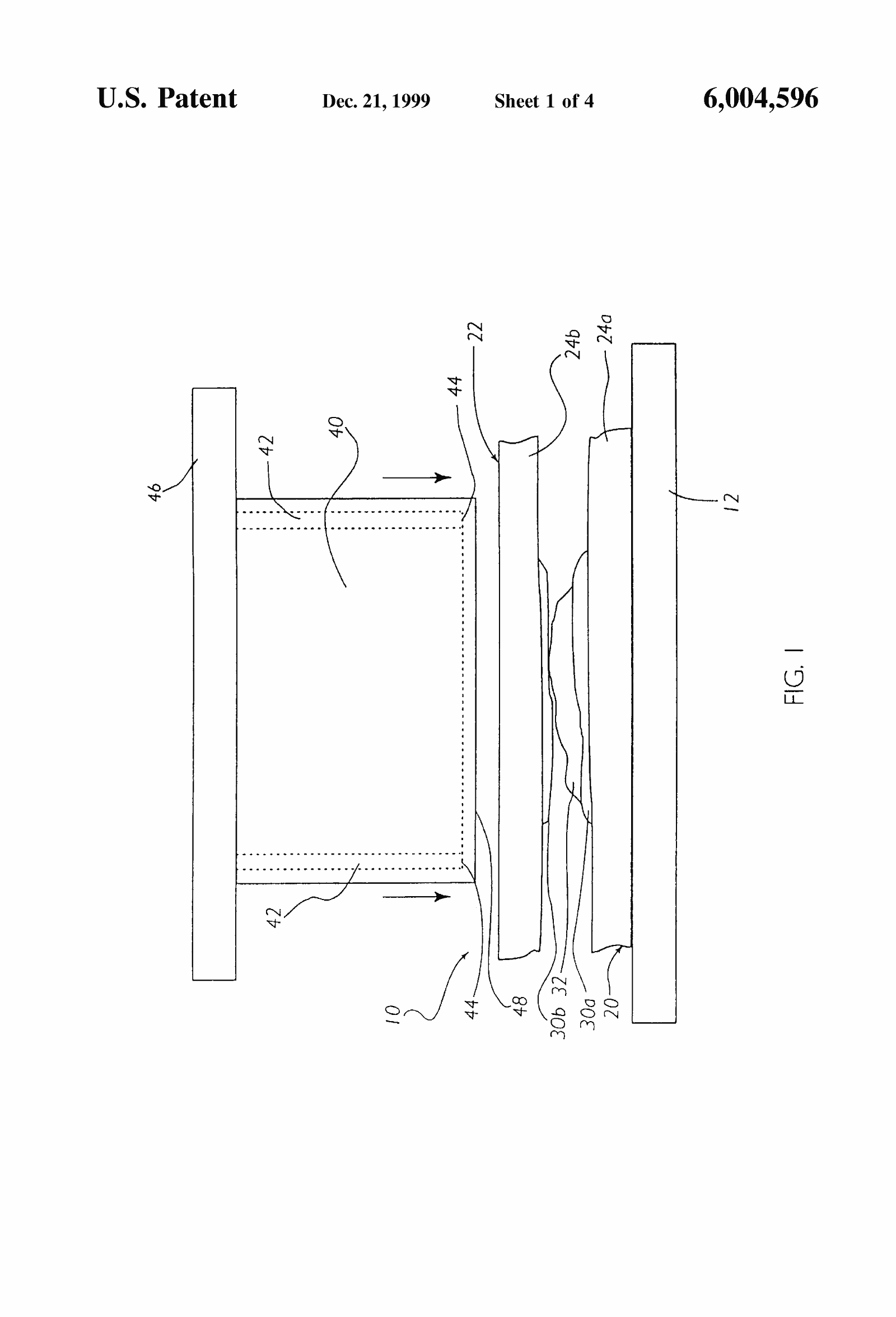 Original patent drawing for "Sealed crustless sandwich", U.S. Patent 6,004,596 (1999)