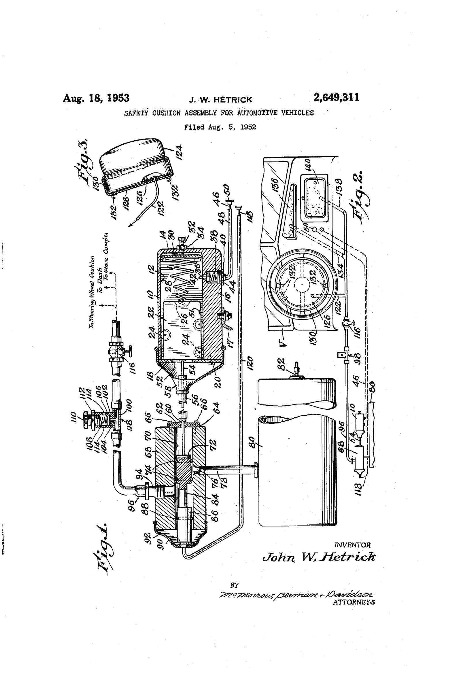 Original patent drawing for "Safety cushion assembly for automotive vehicles", U.S. Patent 2,649,311 (1953)