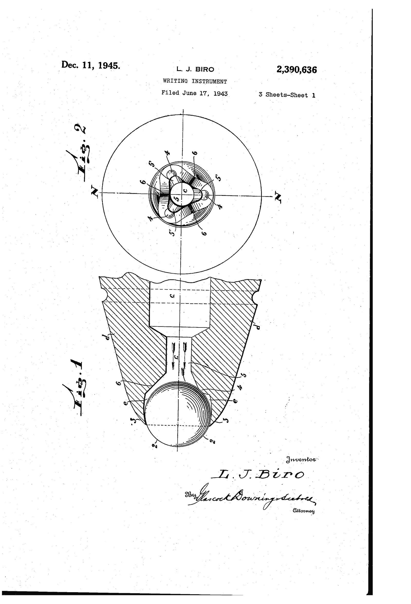 Original patent drawing for "Writing instrument", U.S. Patent 2,390,636 (1945)