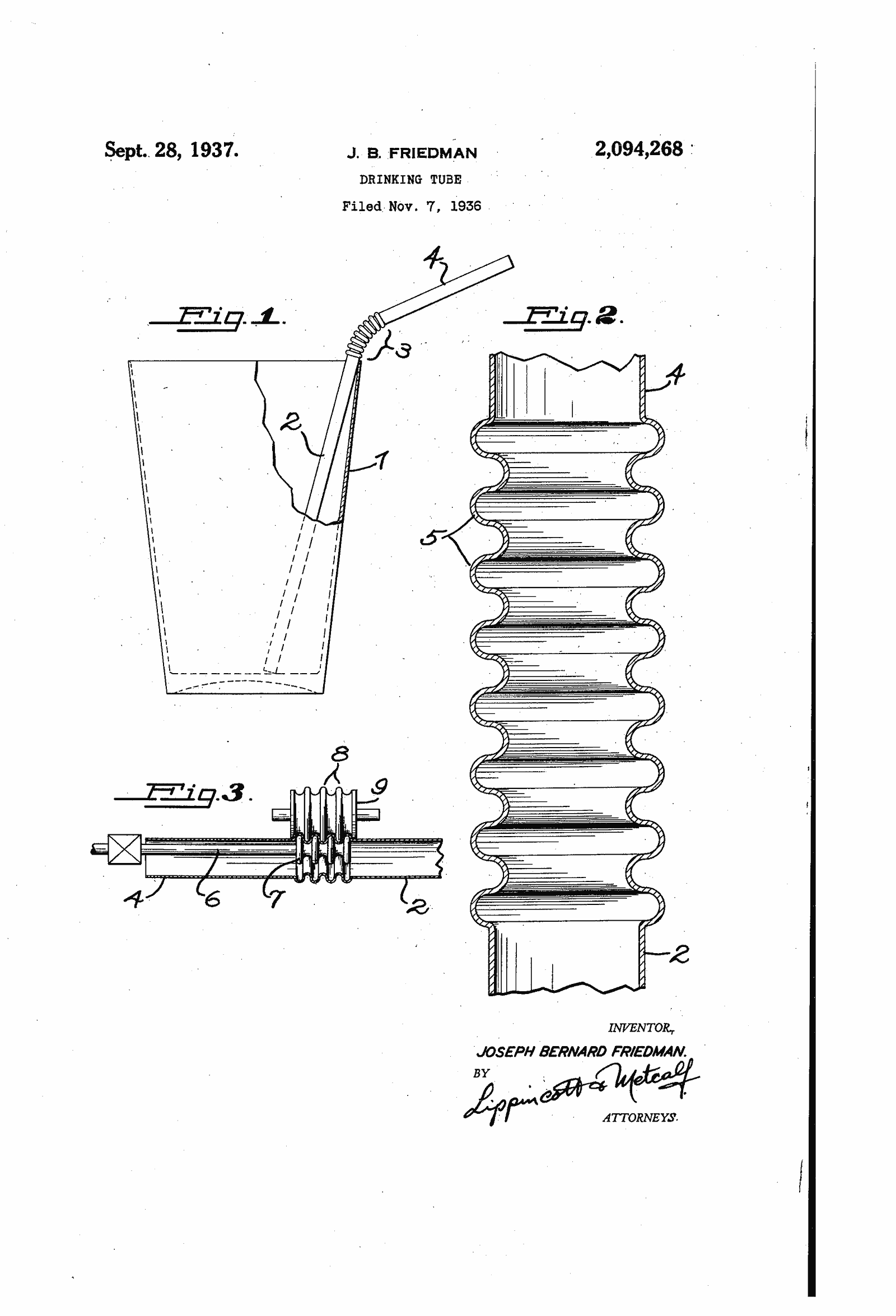 Original patent drawing for "Drinking tube", U.S. Patent 2,094,268 (1937)