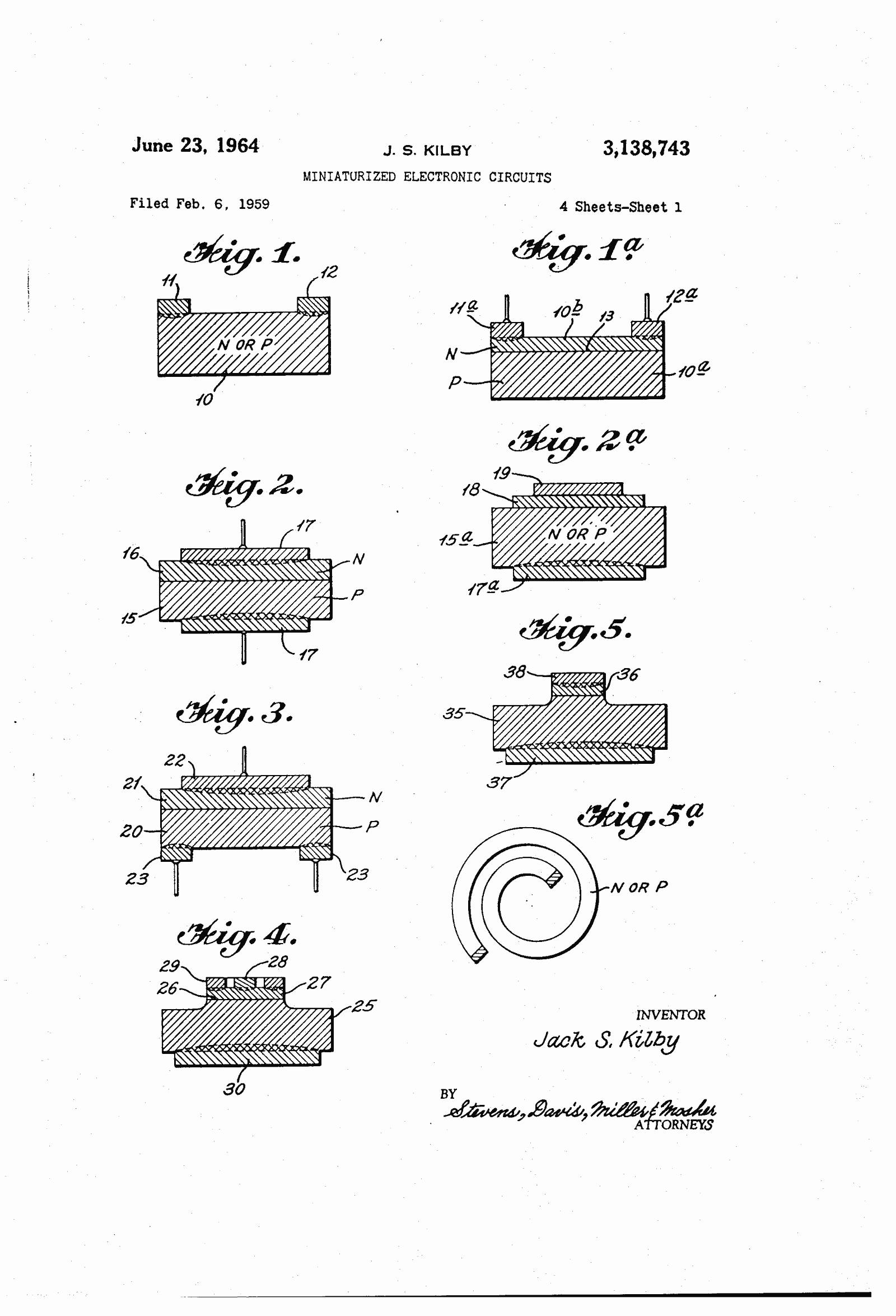 Original patent drawing for "Miniaturized electronic circuits", U.S. Patent 3,138,743 (1964)