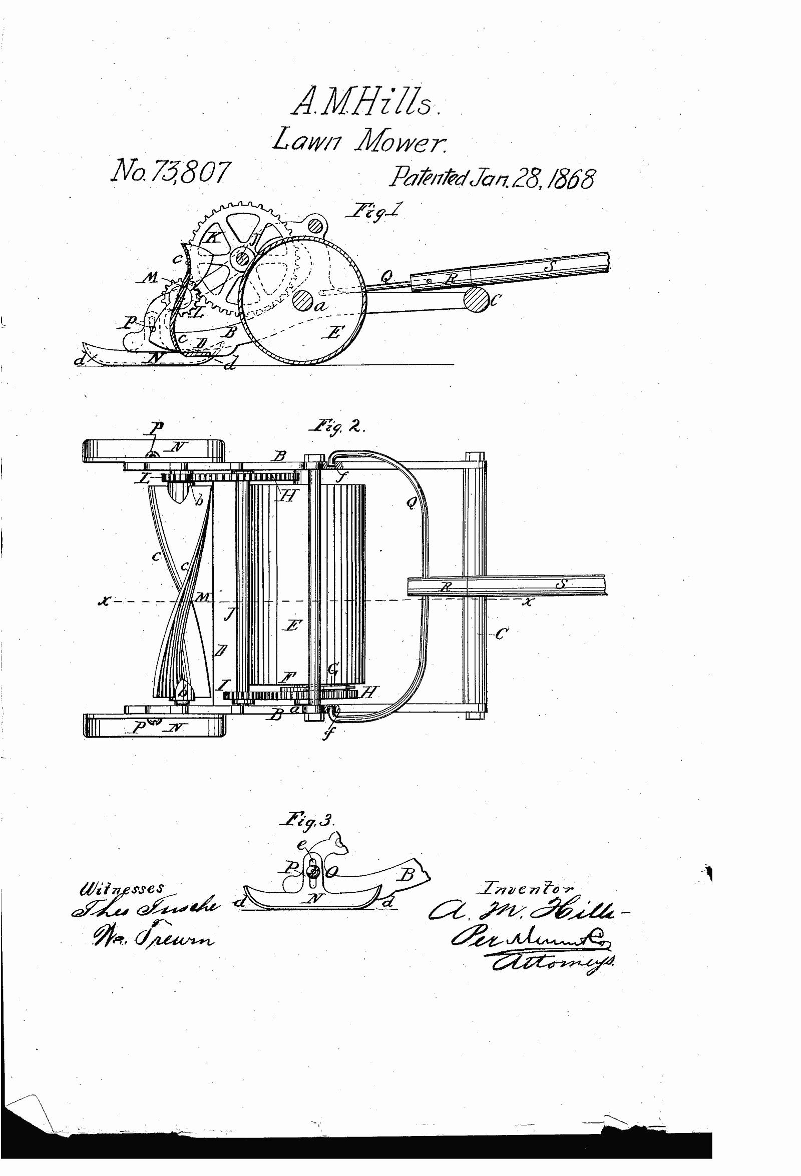 Original patent drawing for "Improvement in lawn-mowers", U.S. Patent 73,807 (1868)