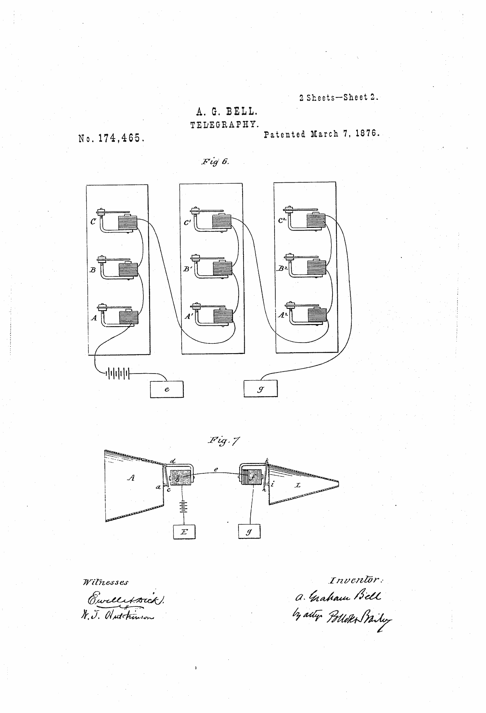 Original patent drawing for "Improvement in telegraphy", U.S. Patent 174,465 (1876)