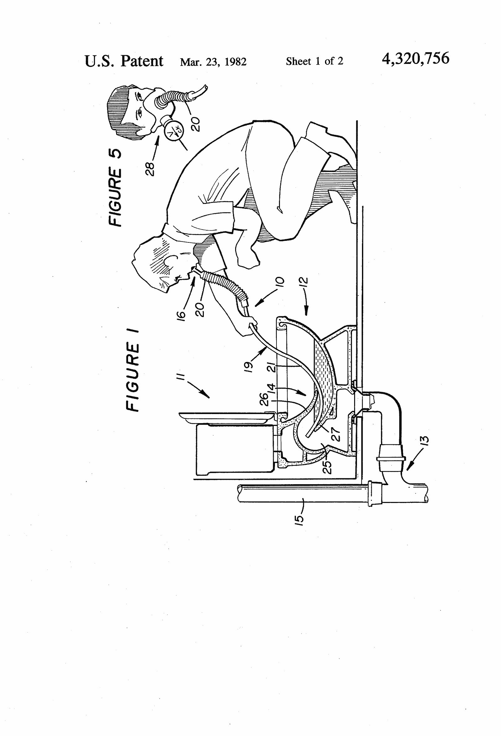 Original patent drawing for "Fresh-air breathing device and method", U.S. Patent 4,320,756 (1982)