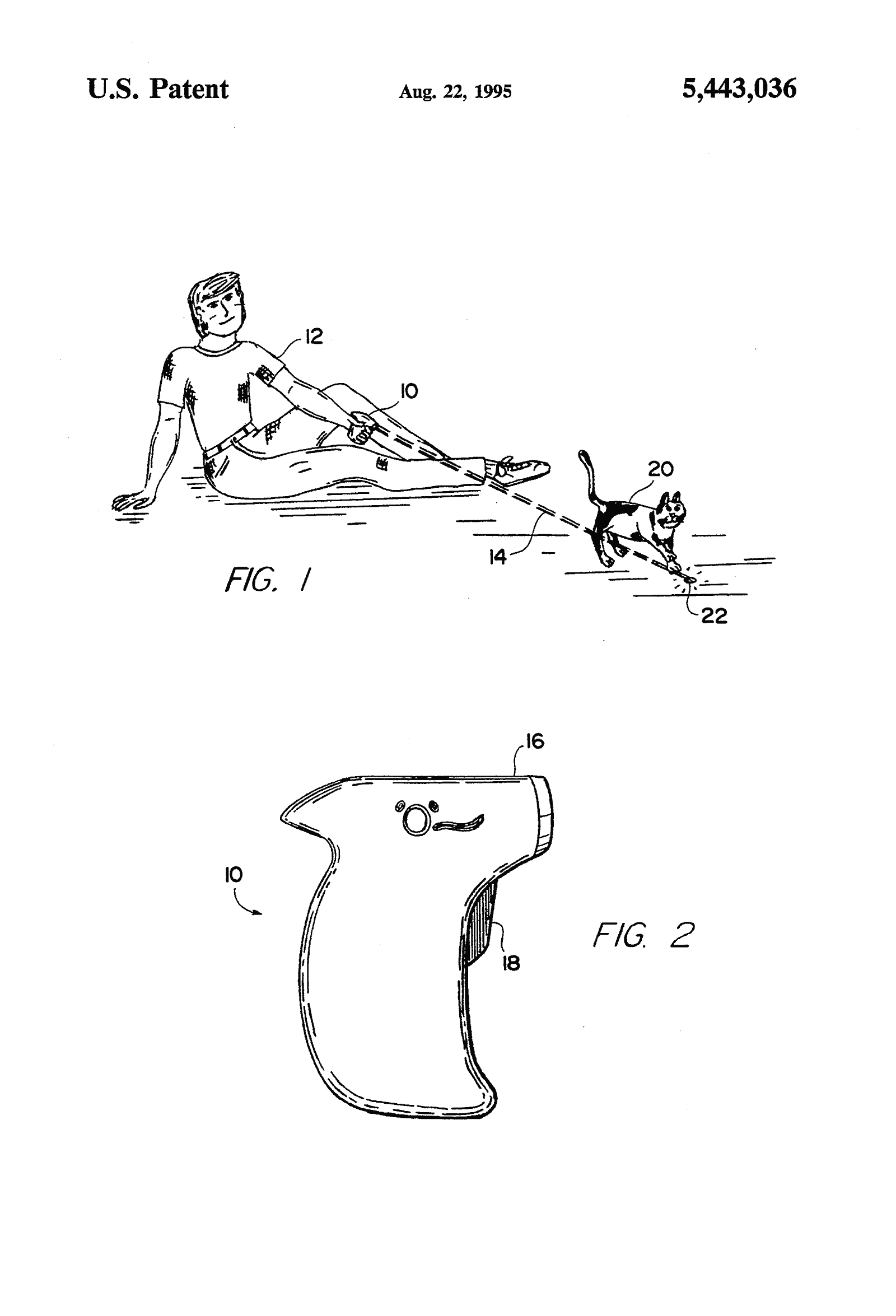 Original patent drawing for "Method of exercising a cat", U.S. Patent 5,443,036 (1995)