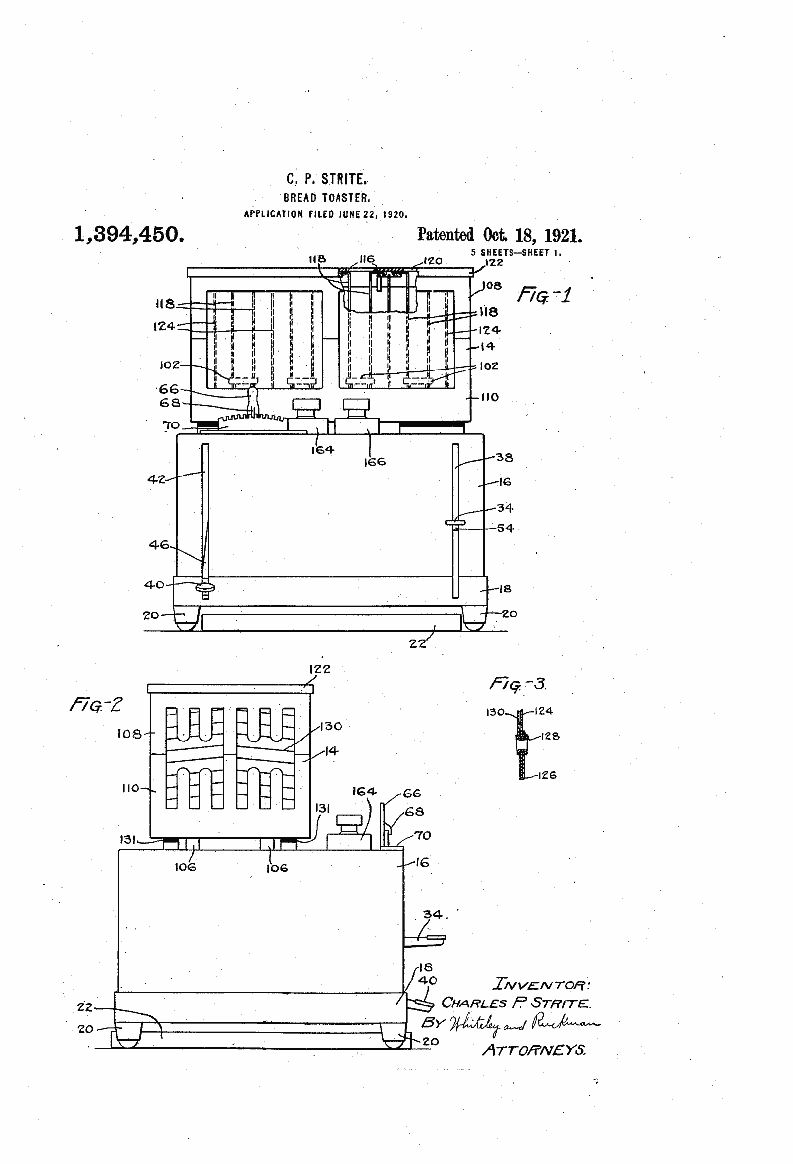 Original patent drawing for "Bread-toaster", U.S. Patent 1,394,450 (1921)