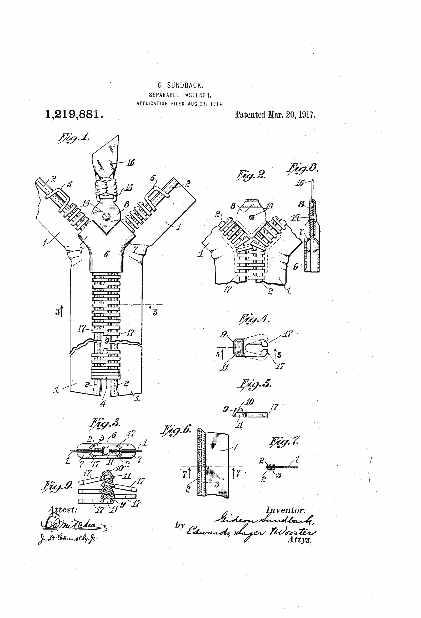Original patent drawing for "Separable fastener", U.S. Patent 1,219,881 (1917)