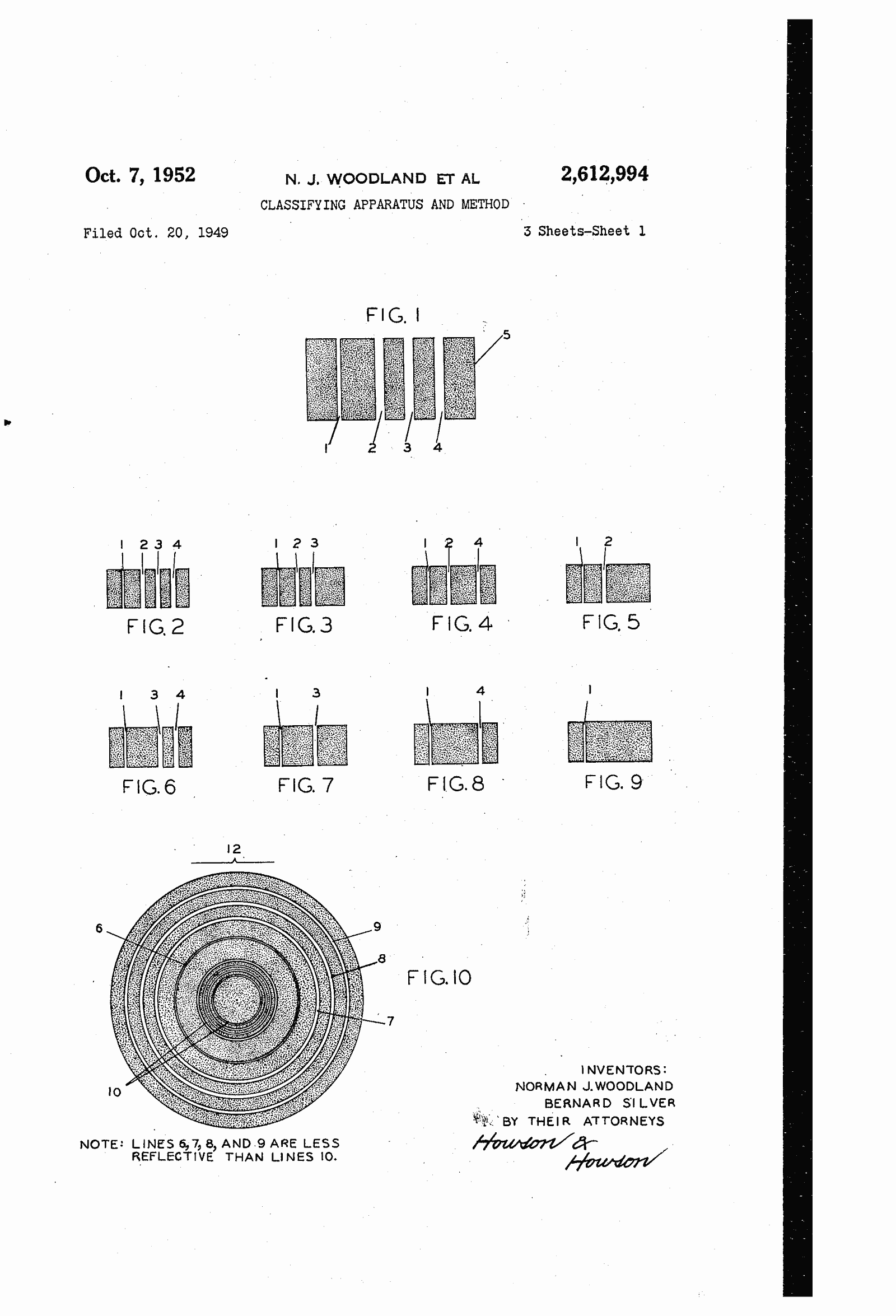 Original patent drawing for "Classifying apparatus and method", U.S. Patent 2,612,994 (1952)