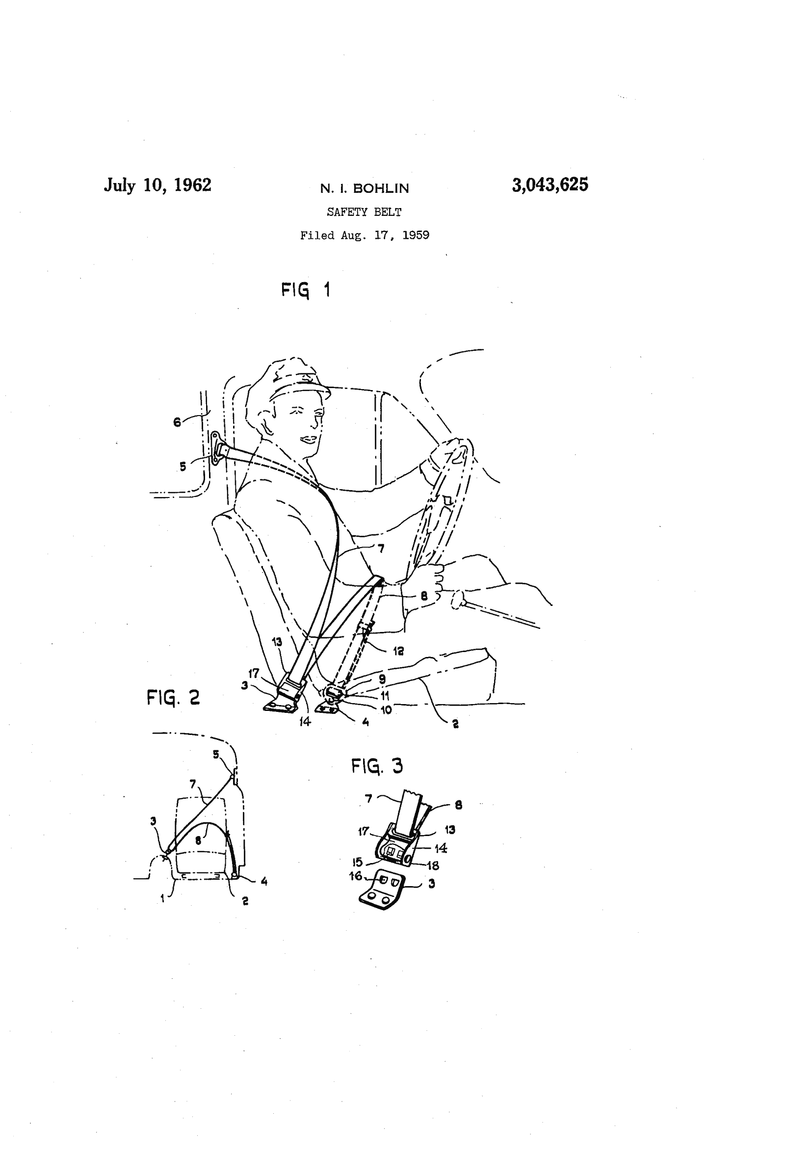 Original patent drawing for "Safety belt", U.S. Patent 3,043,625 (1962)